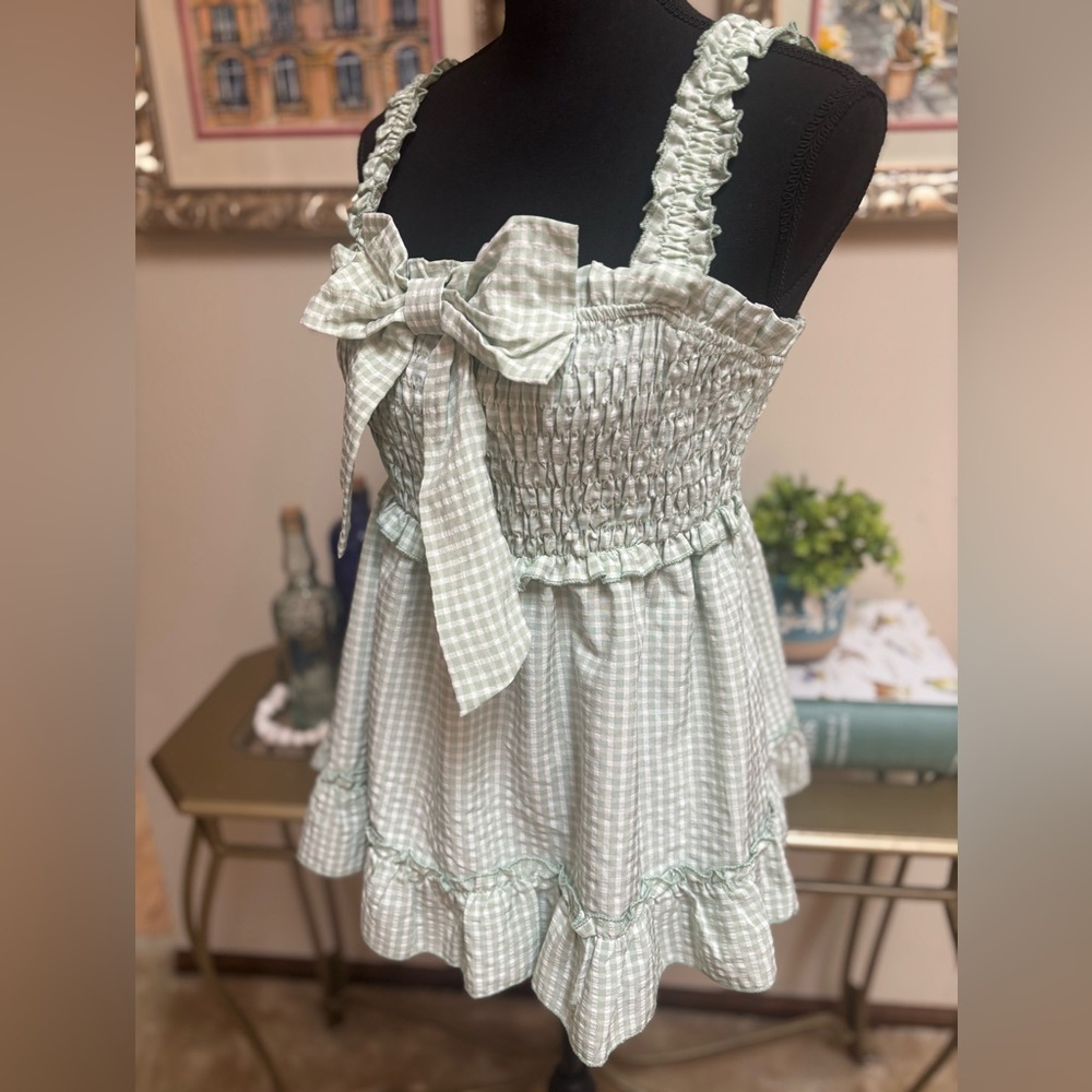 ROMWE GREEN & WHITE GINGHAM BOW RUFFLE HEM BABY DOLL SMOCKED SHORT TOP SIZE L - Picture 4 of 7